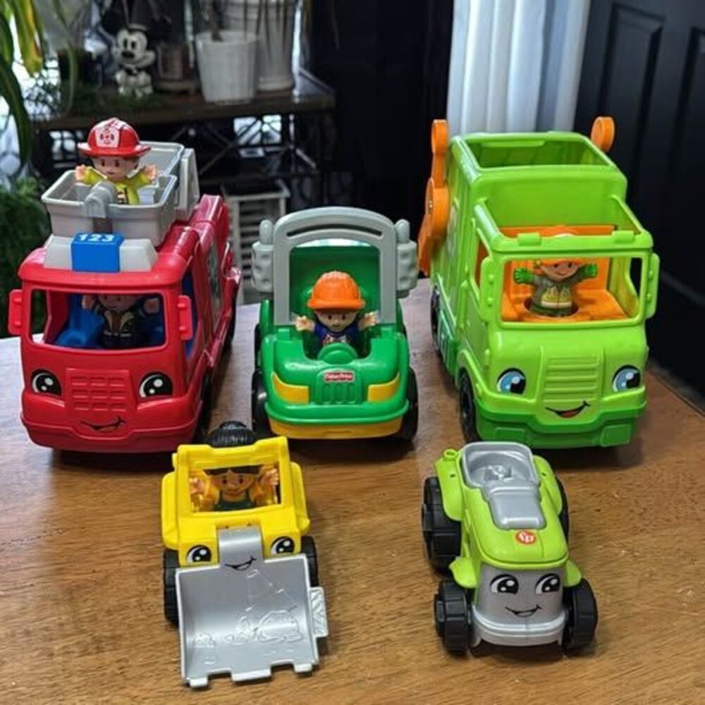 Fisher-Price Little People 5 Vehicle Set- fire truck, 2 garbage trucks tractors